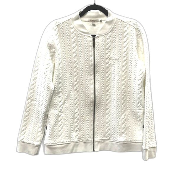 Barbour Kelsey Jacquard Overlayer Cotton Blend Bomber Jacket Ivory Size 10 - Picture 1 of 12